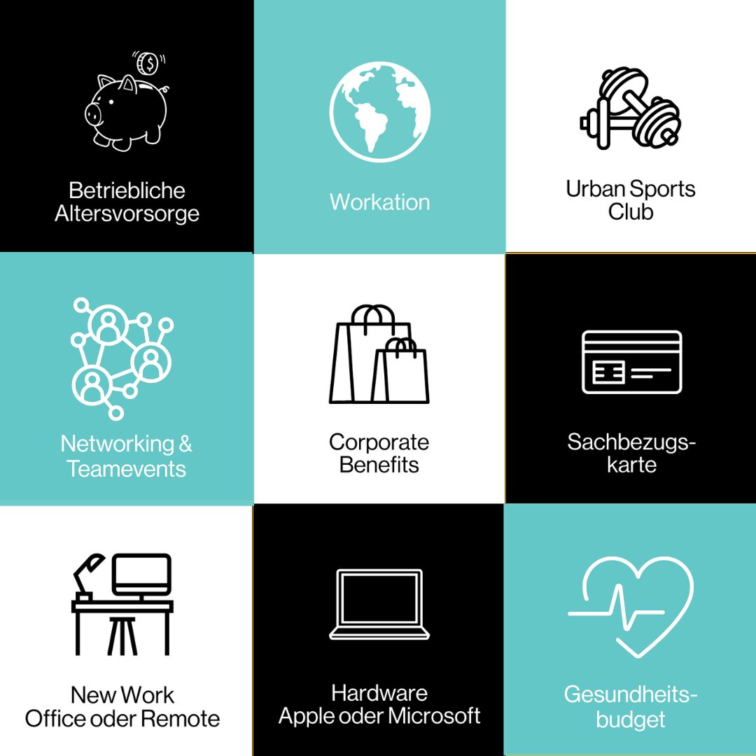 quipped benefits job karriere Neun quadratische Felder mit weißen Linienzeichnungen auf schwarz-weißen und türkisfarbenen Hintergründen, darunter Sparschwein mit Münze, Erdkugel, Hantel, Netzwerk, Einkaufstüten, Karte, Schreibtisch mit Lampe, Laptop und Herz mit Puls. Die Texte in den Feldern lauten: - Betriebliche Altersversorge - Workation - Urban Sports Club - Netwroking & Teamevents - Corporate Benefits - Sachbezugskarte - New Work Office oder Remote - Hardware Apple oder Microsoft - Gesundheitsbudget