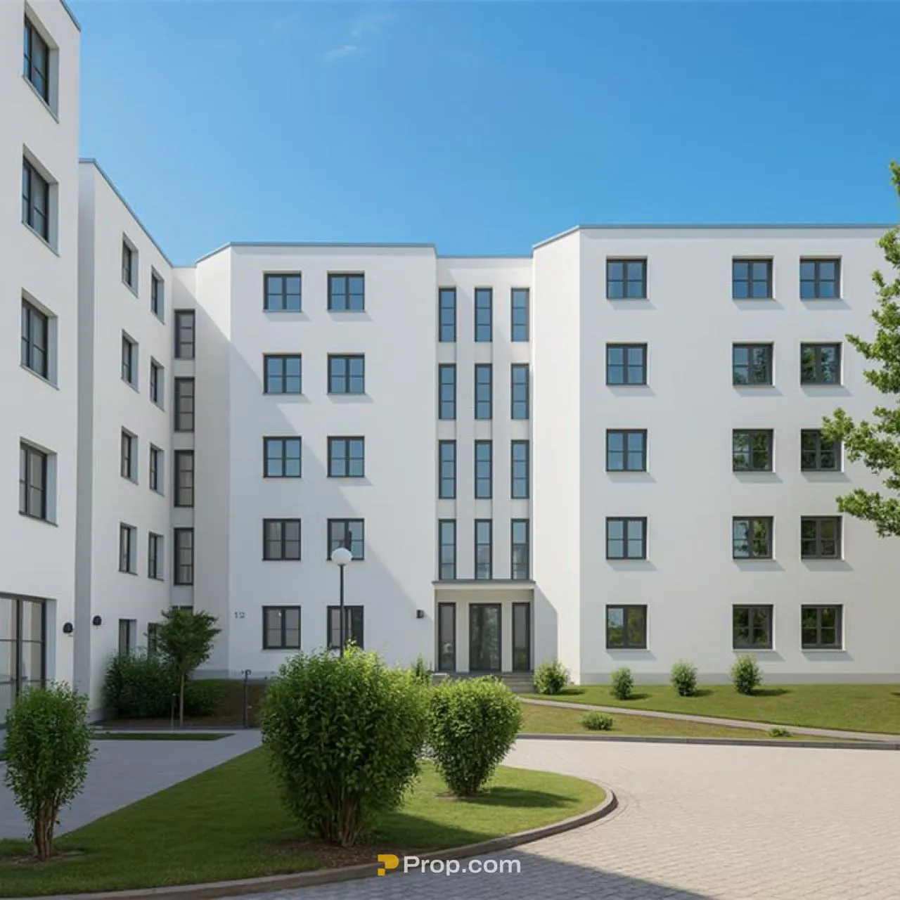 Mehrstöckiges weißes Wohngebäude mit vielen Fenstern, umgeben von gepflegtem Grün und einem gepflasterten Weg im Vordergrund.